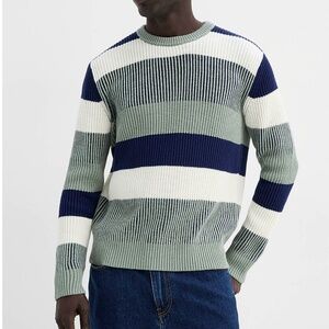 Frank and Oak green, navy and white stripes organic cotton ribbed sweater NWT